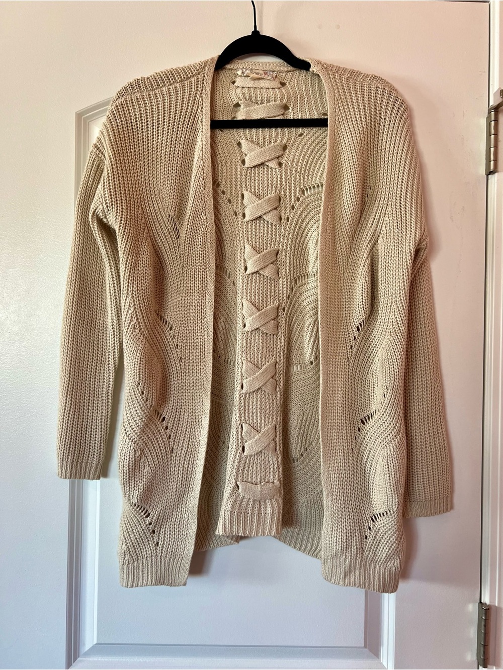 Pink Republic Cream Open-Front Knit Cardigan with Ladder Stitch Detail